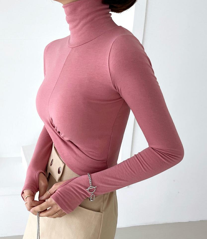 裏起毛ツイストフィンガーホールハイネックTシャツ・全5色・t66095 レディース 【tops】韓国ファッション トップス Tシャツ 大人 長袖 ハイネック 裏起毛 ツイスト フィンガーホール スリム シンプル 体型カバー 細身 フェミニン カジュアル 秋 冬