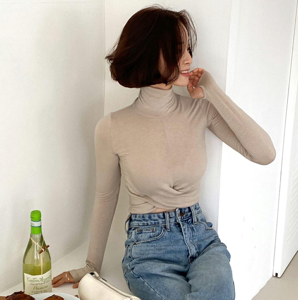裏起毛ツイストフィンガーホールハイネックTシャツ・全5色・t66095 レディース 【tops】韓国ファッション トップス Tシャツ 大人 長袖 ハイネック 裏起毛 ツイスト フィンガーホール スリム シンプル 体型カバー 細身 フェミニン カジュアル 秋 冬