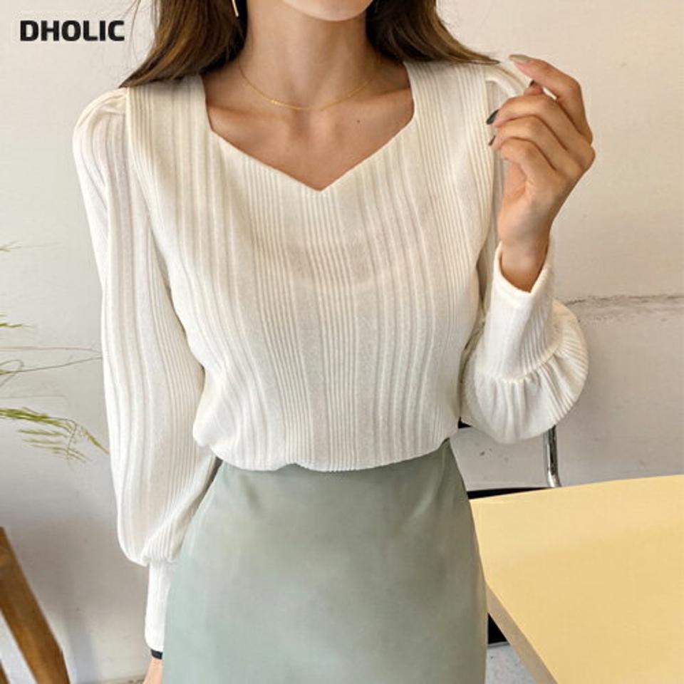 【只今10%OFF】マルチリブハートネックニット・全6色・t63223 レディース 【tops】韓国ファッション トップス ニット 大人 長袖 ハートネック マルチリブ ロング丈 パフスリーブ ワイドカフス 無地 シンプル 体型カバー フェミニン カジュアル 秋 冬【ニットセール】