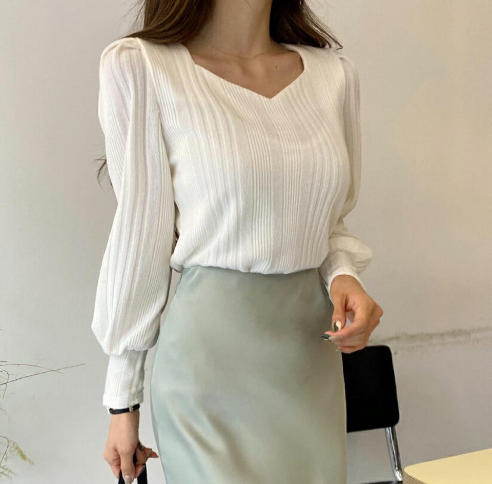 【只今10%OFF】マルチリブハートネックニット・全6色・t63223 レディース 【tops】韓国ファッション トップス ニット 大人 長袖 ハートネック マルチリブ ロング丈 パフスリーブ ワイドカフス 無地 シンプル 体型カバー フェミニン カジュアル 秋 冬【ニットセール】