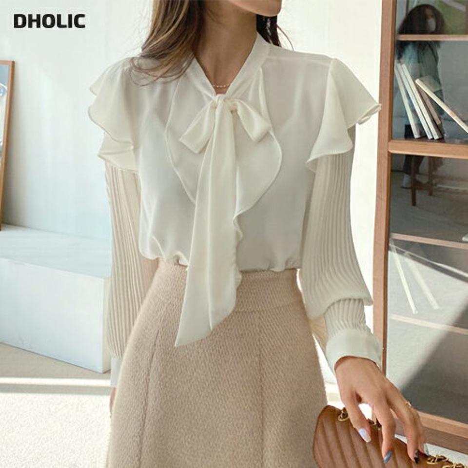 プリーツスリーブボウタイブラウス・全5色・t65297 レディース 【bl】韓国ファッション トップス ブラウス 長袖 フリル 襟コンシャス プリーツスリーブ ボウタイ 無地 シンプル 大人 カジュアル フェミニン 春 秋 冬