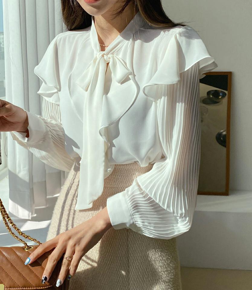 プリーツスリーブボウタイブラウス・全5色・t65297 レディース 【bl】韓国ファッション トップス ブラウス 長袖 フリル 襟コンシャス プリーツスリーブ ボウタイ 無地 シンプル 大人 カジュアル フェミニン 春 秋 冬