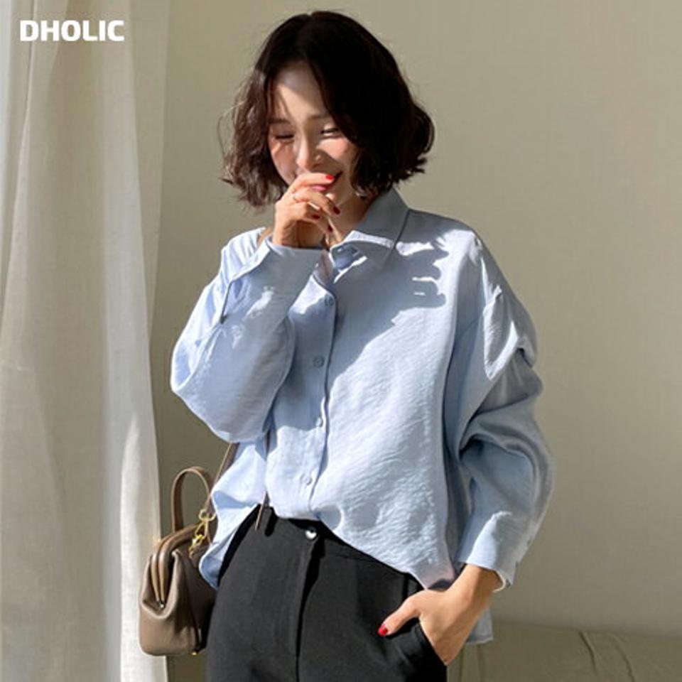 リンクルバックスリットシャツ・全5色・t66155 レディース 【bl】韓国ファッション トップス シャツ 長袖 カラーネック リンクル スリット ドロップショルダー 無地 ベーシック シンプル フェミニン ルーズ 体型カバー ガーリー 春 秋 冬