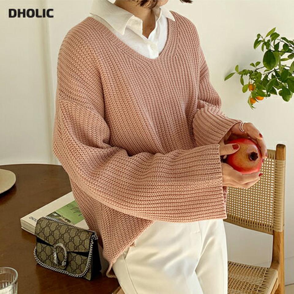 Vネックルーズフィットニット・全4色・t66125 レディース 【tops】韓国ファッション トップス ニット 大人 長袖 Vネック スリット ローゲージ ドロップショルダー パステル カラーニット ルーズ シンプル 体型カバー デイリー 秋 冬