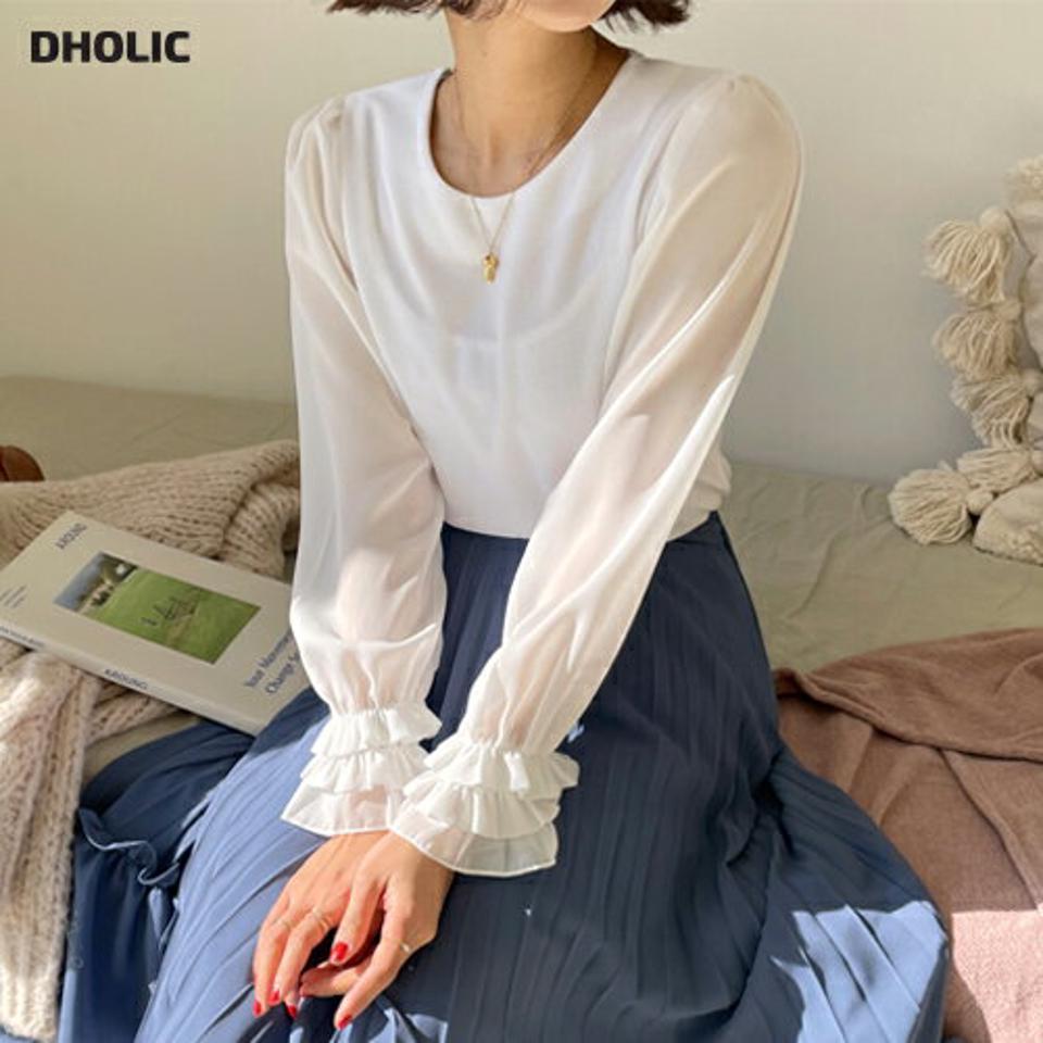 フリルスリーブブラウス・全3色・t66123 レディース 【bl】韓国ファッション トップス ブラウス 長袖 ラウンドネック フリルスリーブ ギャザー 無地 シンプル 大人 カジュアル フェミニン 春 秋 冬
