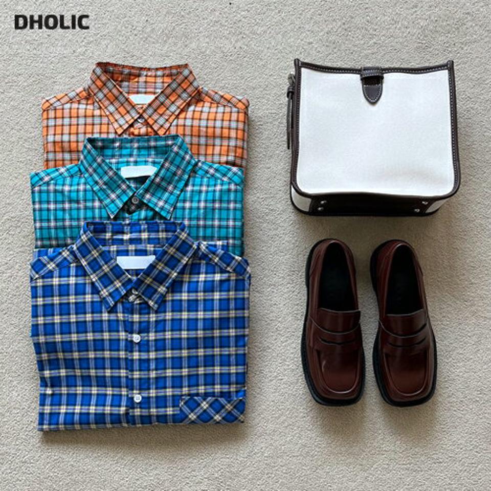 オーバーフィットロングチェックシャツ・全3色・a65330 レディース 【bl】韓国ファッション トップス シャツ 長袖 カラーネック ロング丈 チェック柄 ボタン 配色 シンプル カジュアル フェミニン ルーズ ガーリー 春 秋 冬