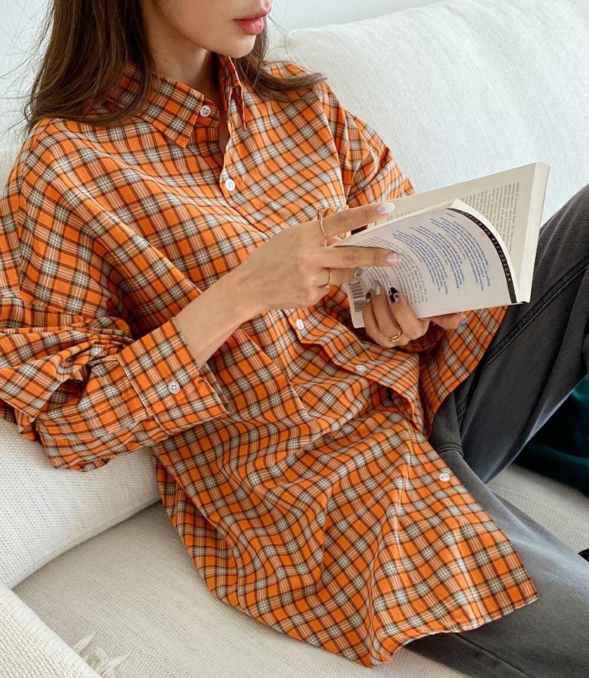 オーバーフィットロングチェックシャツ・全3色・a65330 レディース 【bl】韓国ファッション トップス シャツ 長袖 カラーネック ロング丈 チェック柄 ボタン 配色 シンプル カジュアル フェミニン ルーズ ガーリー 春 秋 冬