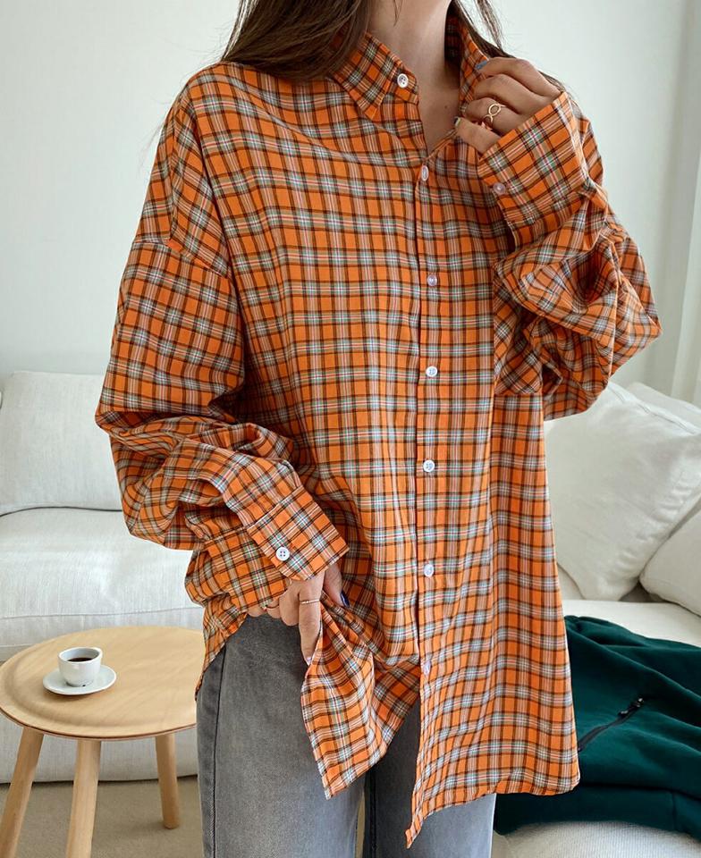 オーバーフィットロングチェックシャツ・全3色・a65330 レディース 【bl】韓国ファッション トップス シャツ 長袖 カラーネック ロング丈 チェック柄 ボタン 配色 シンプル カジュアル フェミニン ルーズ ガーリー 春 秋 冬