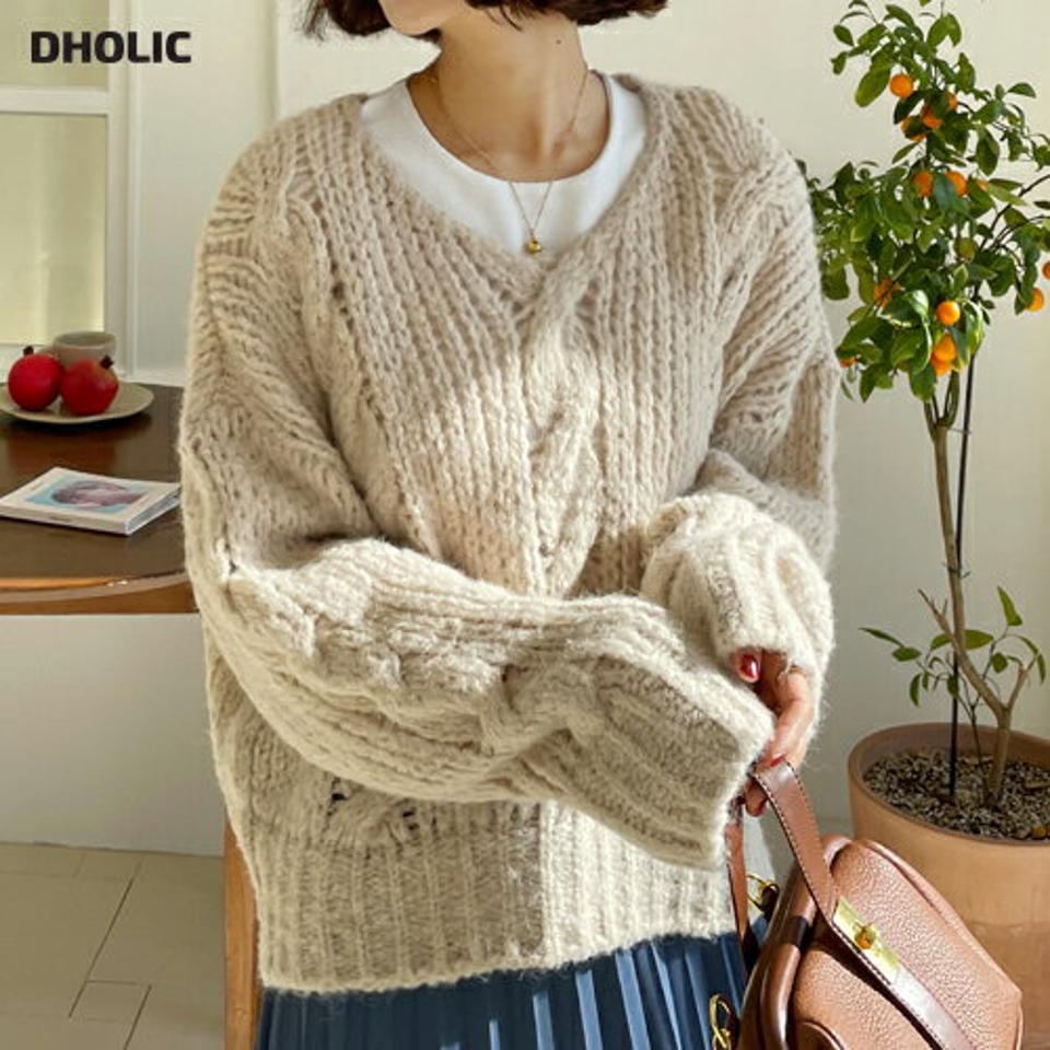 【只今10%OFF】アルパカ混ケーブル編みニット・全8色・t66126 レディース 【tops】韓国ファッション トップス ニット 大人 長袖 Vネック アルパカ混 ケーブル編み ローゲージ ルーズ シンプル 体型カバー カジュアル デイリー 秋 冬【ニットセール】