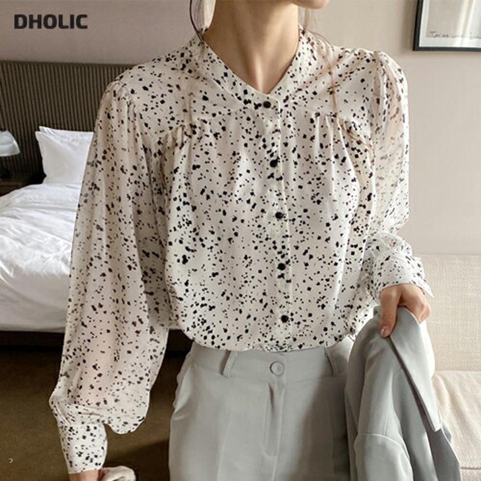 パターンギャザーブラウス・全2色・t00029 レディース 【bl】トップス ブラウス 長袖 ギャザー 総柄 大人 バンドカラー モダン シック 模様 秋 冬 春 韓国ファッション ハイホリHIHOLLI