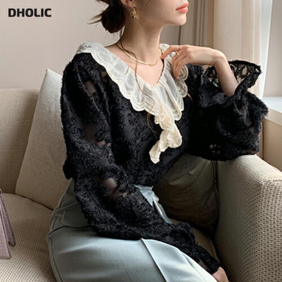 フェザー調レースフリルブラウス・全2色・b00030 レディース 【bl】トップス ブラウス 長袖 フリル レース 襟コン フェミニン 大人 透け感 シアー 可愛い かわいい アンバランス 秋 冬 春 韓国ファッション ハイホリHIHOLLI