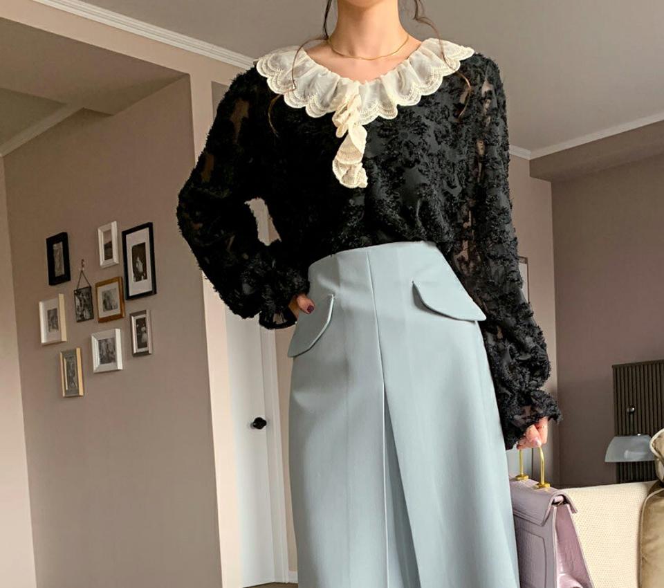 フェザー調レースフリルブラウス・全2色・b00030 レディース 【bl】トップス ブラウス 長袖 フリル レース 襟コン フェミニン 大人 透け感 シアー 可愛い かわいい アンバランス 秋 冬 春 韓国ファッション ハイホリHIHOLLI