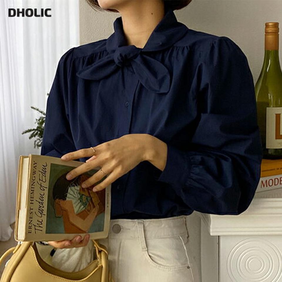 ネックリボンボタンブラウス・全3色・b00088 レディース 【bl】韓国ファッション トップス ブラウス 長袖 ネックリボン ボタン 襟コンシャス ギャザー 無地 シンプル 大人 体型カバー カジュアル フェミニン 春 秋 冬