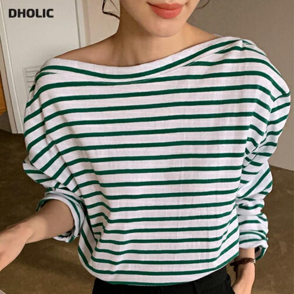 ボーダーボートネックTシャツ・全3色・t00027 レディース 【tops】トップス Tシャツ 長袖 ボーダー柄 ボーダーT ボートネック カジュアル デコルテ 鎖骨 ラフ 大人 クロップド丈 ドロップショルダー 秋 冬 春 韓国ファッション ハイホリHIHOLLI