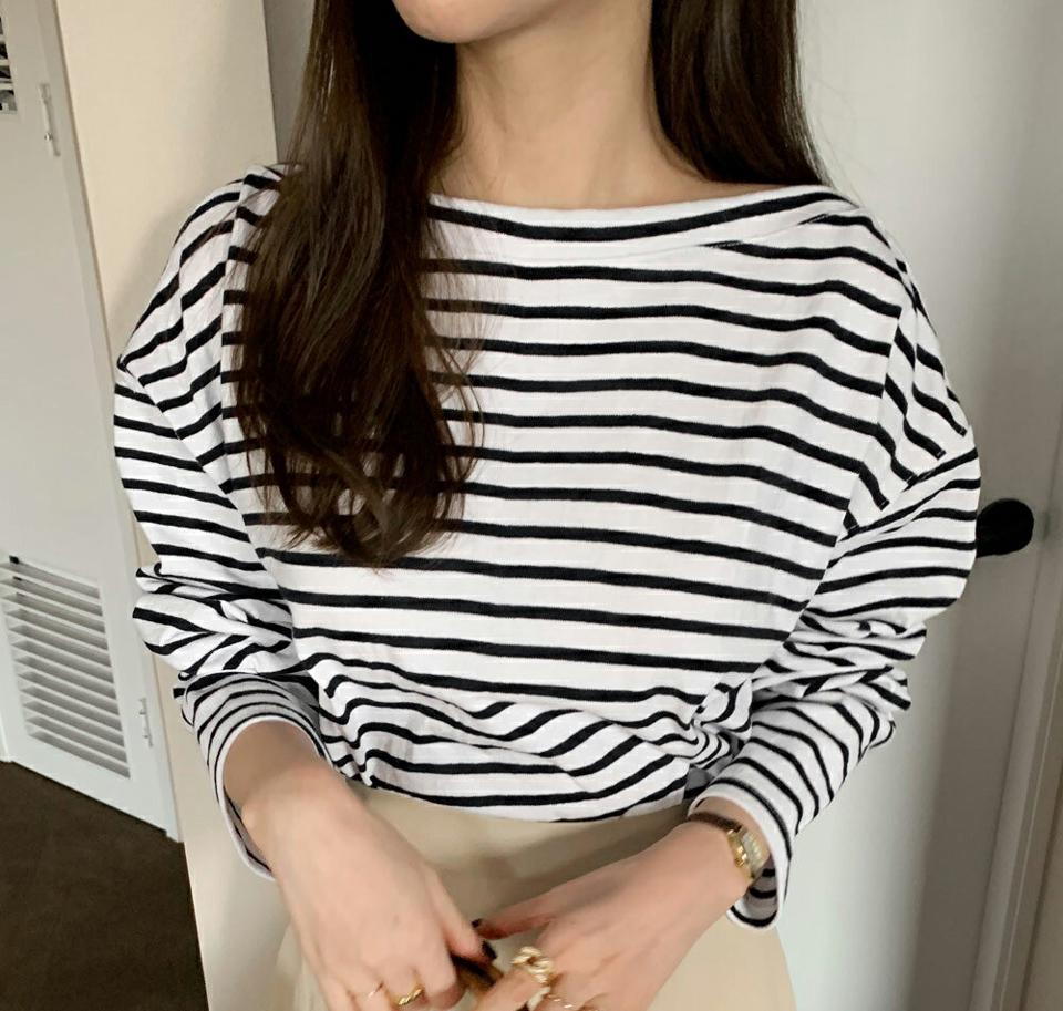 ボーダーボートネックTシャツ・全3色・t00027 レディース 【tops】トップス Tシャツ 長袖 ボーダー柄 ボーダーT ボートネック カジュアル デコルテ 鎖骨 ラフ 大人 クロップド丈 ドロップショルダー 秋 冬 春 韓国ファッション ハイホリHIHOLLI