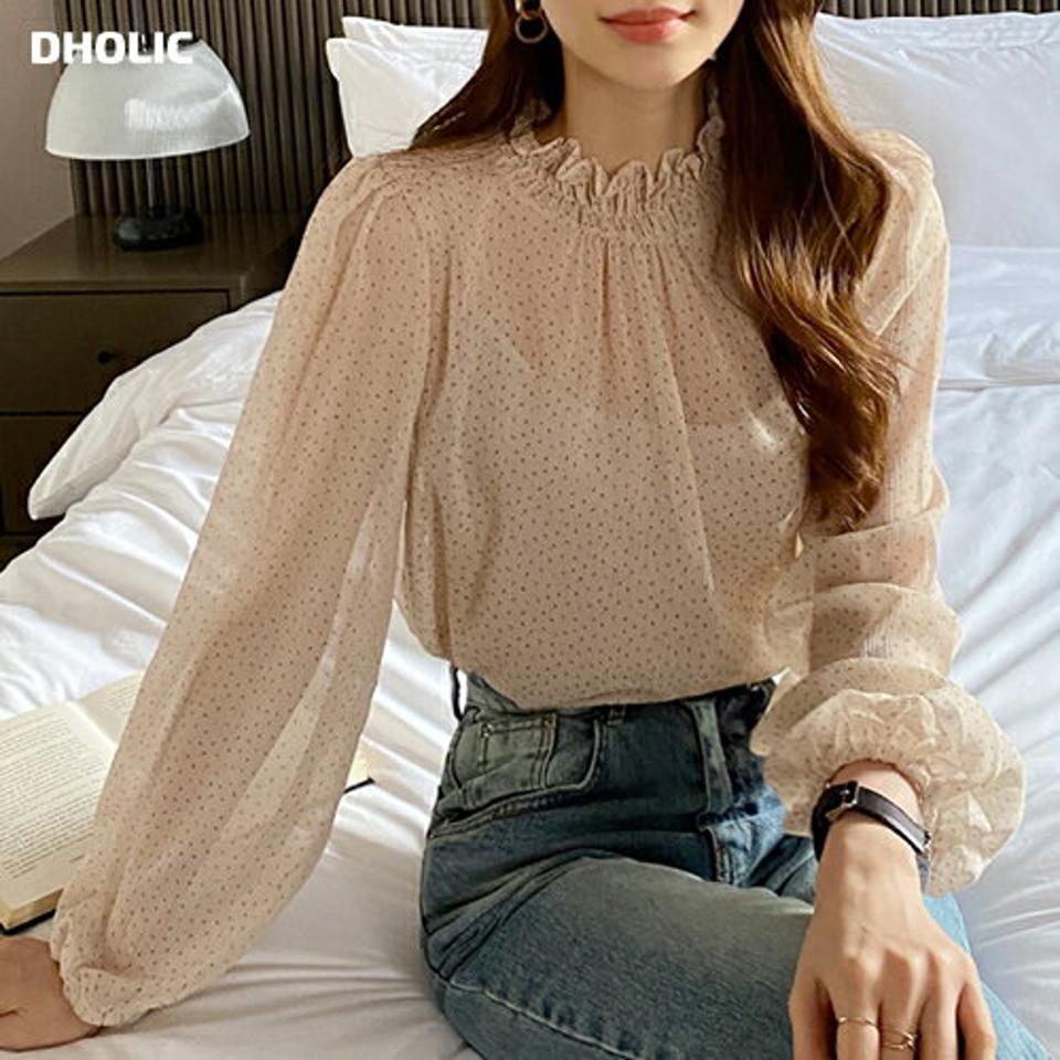 ハーフネックフラワーブラウス・全2色・t00028 レディース 【bl】トップス ブラウス 長袖 花柄 フリルネック 襟コン ハーフネック フェミニン 透け感 パフスリーブ パフ袖 シャーリング シフォンブラウス 秋 冬 春 韓国ファッション ハイホリHIHOLLI