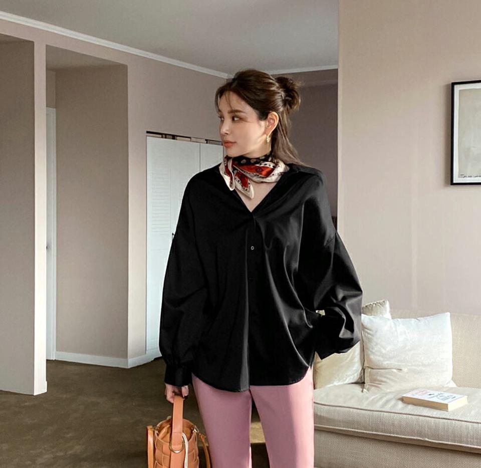 ラグランオーバーフィットシャツ・全2色・t00031 レディース 【bl】トップス シャツ 長袖 オーバーサイズ ゆったり 単色 無地 シンプル 大人 きれいめ 秋 冬 春 韓国ファッション ハイホリHIHOLLI