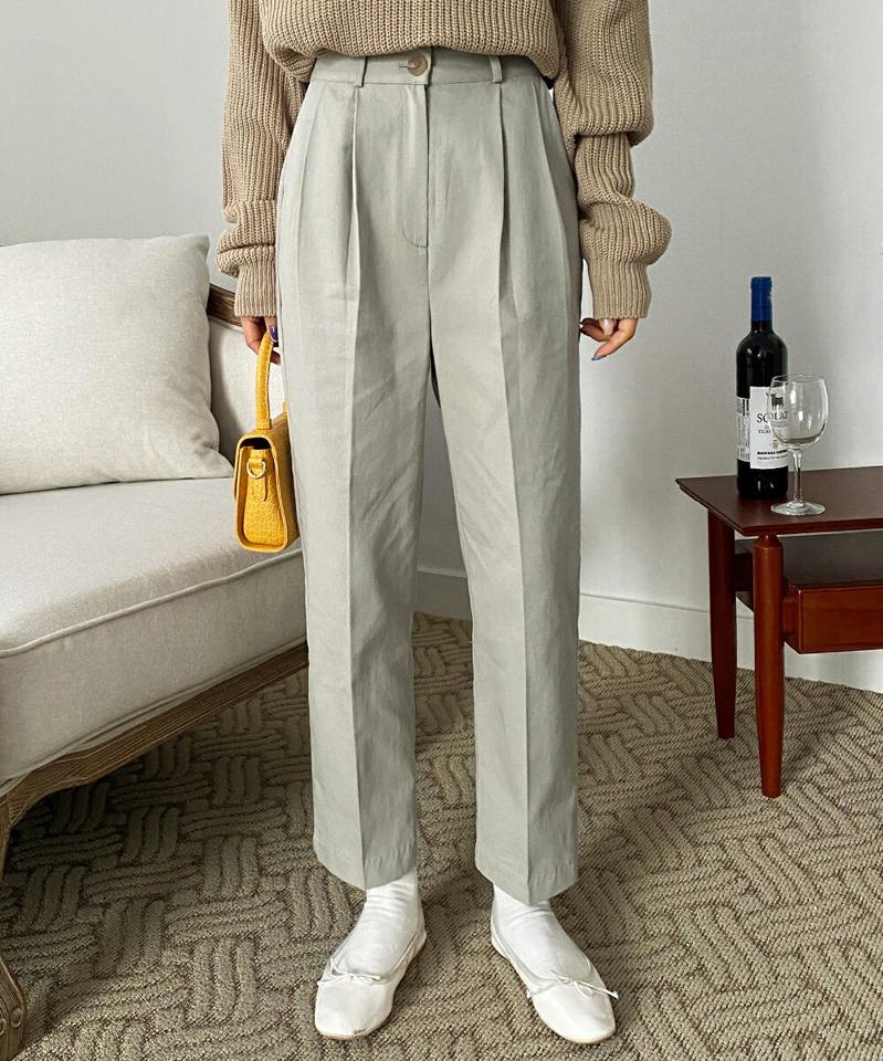 コットンタックパンツ・全2色・t00108 レディース 【pt】韓国ファッション ボトムス ロング ロングパンツ コットンパンツ ツータック テーパード ハイウエスト 無地 シンプル 体型カバー フェミニン カジュアル 高級感 秋 冬