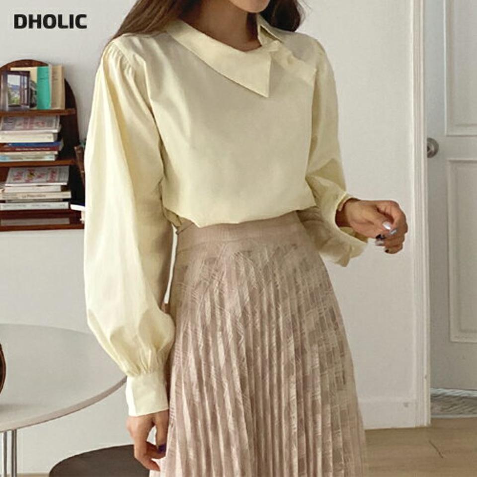 アンバランスカラーブラウス・全4色・t00129 レディース 【bl】韓国ファッション トップス ブラウス 長袖 カラーネック アンバランスカラー 襟コンシャス ユニーク 無地 シンプル 大人 ルーズ カジュアル フェミニン 春 秋 冬