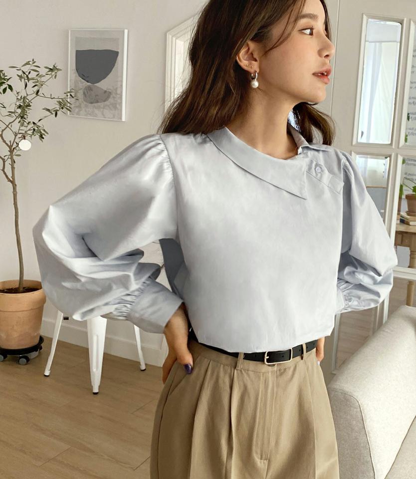 アンバランスカラーブラウス・全4色・t00129 レディース 【bl】韓国ファッション トップス ブラウス 長袖 カラーネック アンバランスカラー 襟コンシャス ユニーク 無地 シンプル 大人 ルーズ カジュアル フェミニン 春 秋 冬