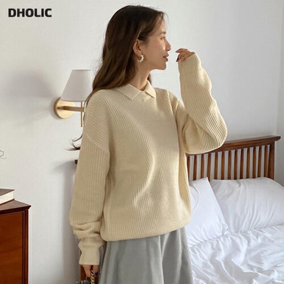 カラーネックルーズニット・全5色・a00132 レディース 【tops】韓国ファッション トップス ニット 大人 長袖 カラーネック ルーズ ドロップショルダー 無地 シンプル 体型カバー フェミニン カジュアル 秋 冬