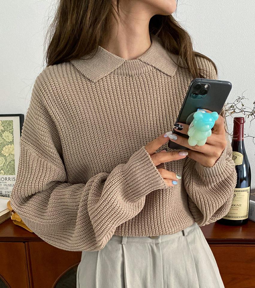 カラーネックルーズニット・全5色・a00132 レディース 【tops】韓国ファッション トップス ニット 大人 長袖 カラーネック ルーズ ドロップショルダー 無地 シンプル 体型カバー フェミニン カジュアル 秋 冬