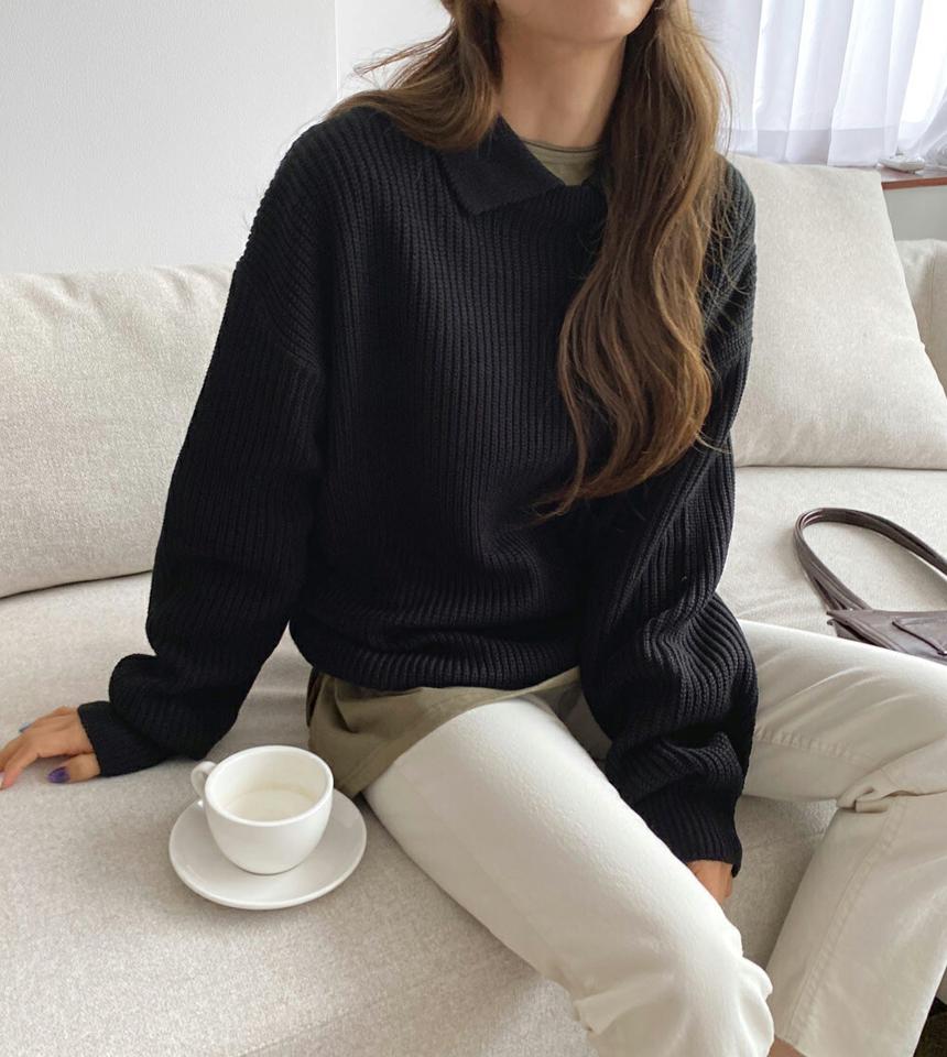 カラーネックルーズニット・全5色・a00132 レディース 【tops】韓国ファッション トップス ニット 大人 長袖 カラーネック ルーズ ドロップショルダー 無地 シンプル 体型カバー フェミニン カジュアル 秋 冬