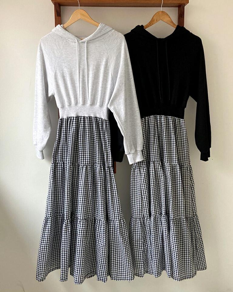 フードチェックドッキングワンピース・全2色・b01928 レディース 【ops】韓国ファッション ワンピース ロングワンピース 長袖 フード チェック ドッキング フレア ロング丈 シンプル カジュアル ガーリー 秋 冬 NIJU