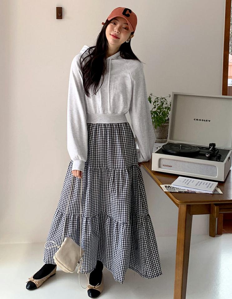 フードチェックドッキングワンピース・全2色・b01928 レディース 【ops】韓国ファッション ワンピース ロングワンピース 長袖 フード チェック ドッキング フレア ロング丈 シンプル カジュアル ガーリー 秋 冬 NIJU