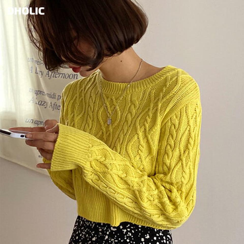 ケーブルツイストラウンドニット・全5色・t00092 レディース 【tops】韓国ファッション トップス ニット 大人 長袖 ラウンドネック ケーブル編み ツイスト クロップド丈 カラーニット シンプル 体型カバー カジュアル 秋 冬