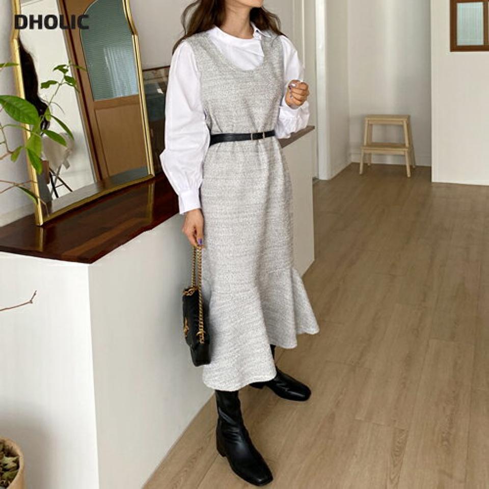 ツイードノースリワンピース・全2色・b00128 レディース 【ops】韓国ファッション ワンピース ロングワンピース ノースリ ツイード Uネック ストレート フレアヘム マーメイド ロング丈 シンプル 体型カバー カジュアル 秋 冬