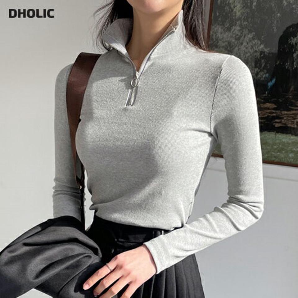 リブハーフジップTシャツ・全3色・t01949 レディース 【tops】韓国ファッション トップス Tシャツ 長袖 ハイネック リブ ハーフジップ クロップド丈 無地 単色 シンプル フェミニン スリム 体型カバー カジュアル デイリー 秋 冬 NIJU