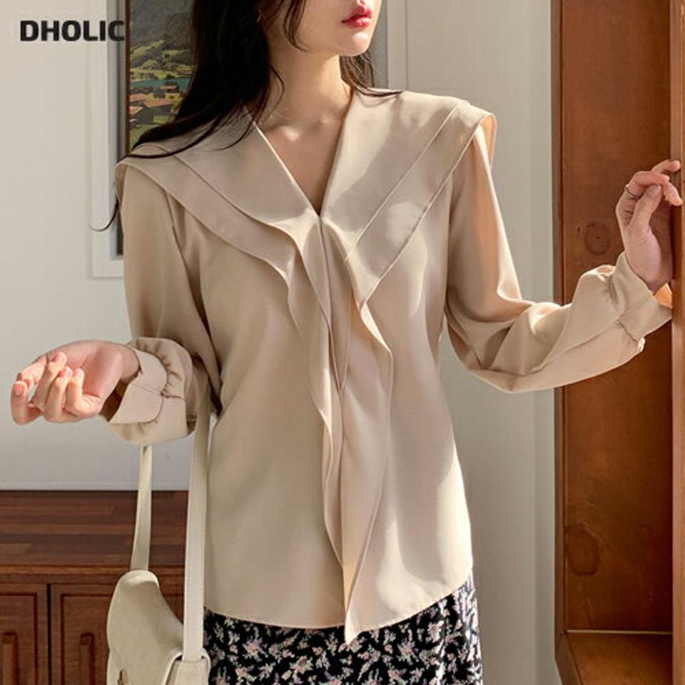 フリルVネックリボンブラウス・全3色・t01946 レディース 【bl】韓国ファッション トップス ブラウス 長袖 Vネック フリル リボン 襟コンシャス スリット 大人 シンプル フェミニン 上品 体型カバー 細身 ガーリー カジュアル 春 秋 冬 NIJU