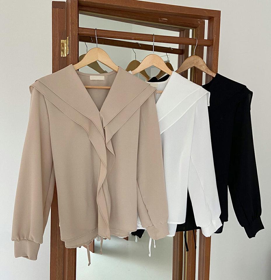 フリルVネックリボンブラウス・全3色・t01946 レディース 【bl】韓国ファッション トップス ブラウス 長袖 Vネック フリル リボン 襟コンシャス スリット 大人 シンプル フェミニン 上品 体型カバー 細身 ガーリー カジュアル 春 秋 冬 NIJU