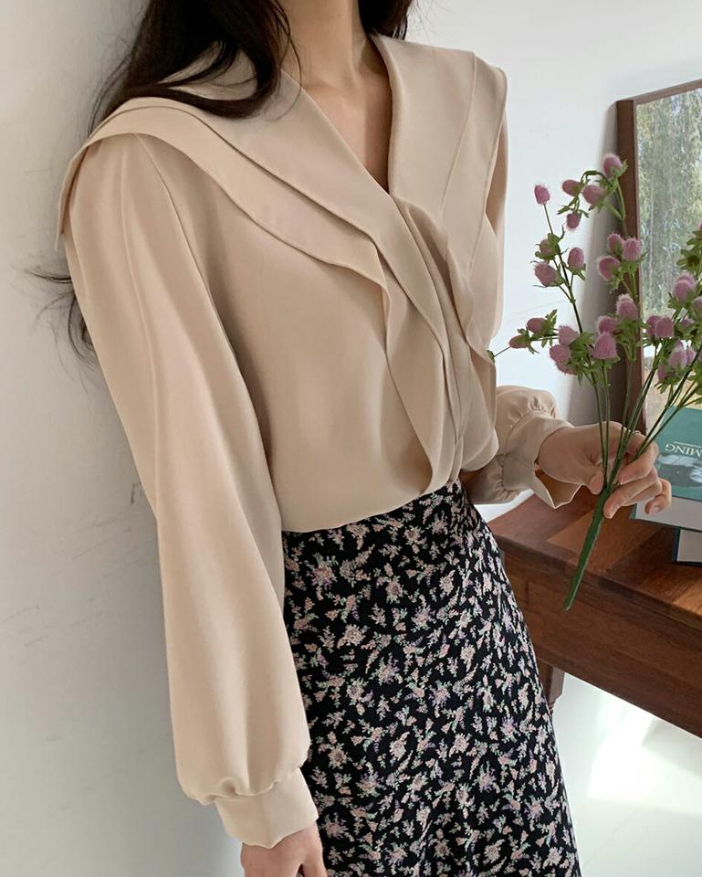 フリルVネックリボンブラウス・全3色・t01946 レディース 【bl】韓国ファッション トップス ブラウス 長袖 Vネック フリル リボン 襟コンシャス スリット 大人 シンプル フェミニン 上品 体型カバー 細身 ガーリー カジュアル 春 秋 冬 NIJU