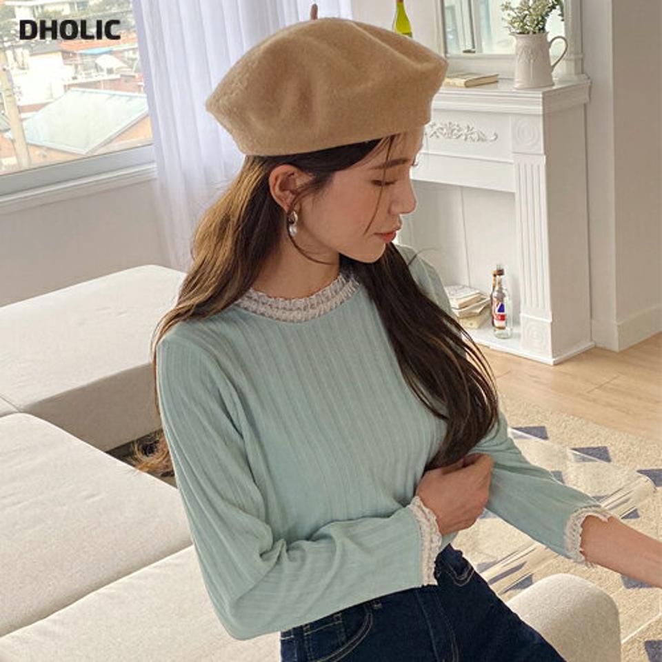 フリルレースリブTシャツ・全4色・t00086 レディース 【tops】韓国ファッション トップス Tシャツ 大人 長袖 ラウンドネック フリル レース リブ テクスチャー シンプル スリム 体型カバー 細身 フェミニン カジュアル 秋 冬