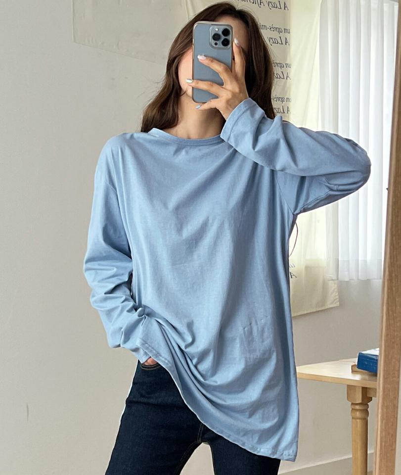 スリットラウンドTシャツ・全7色・e00084 レディース 【tops】韓国ファッション トップス Tシャツ 大人 長袖 ラウンドネック ルーズ ロング丈 スリット 単色 無地 シンプル 細身 フェミニン カジュアル インしない クリスマス 萌え袖 秋 冬