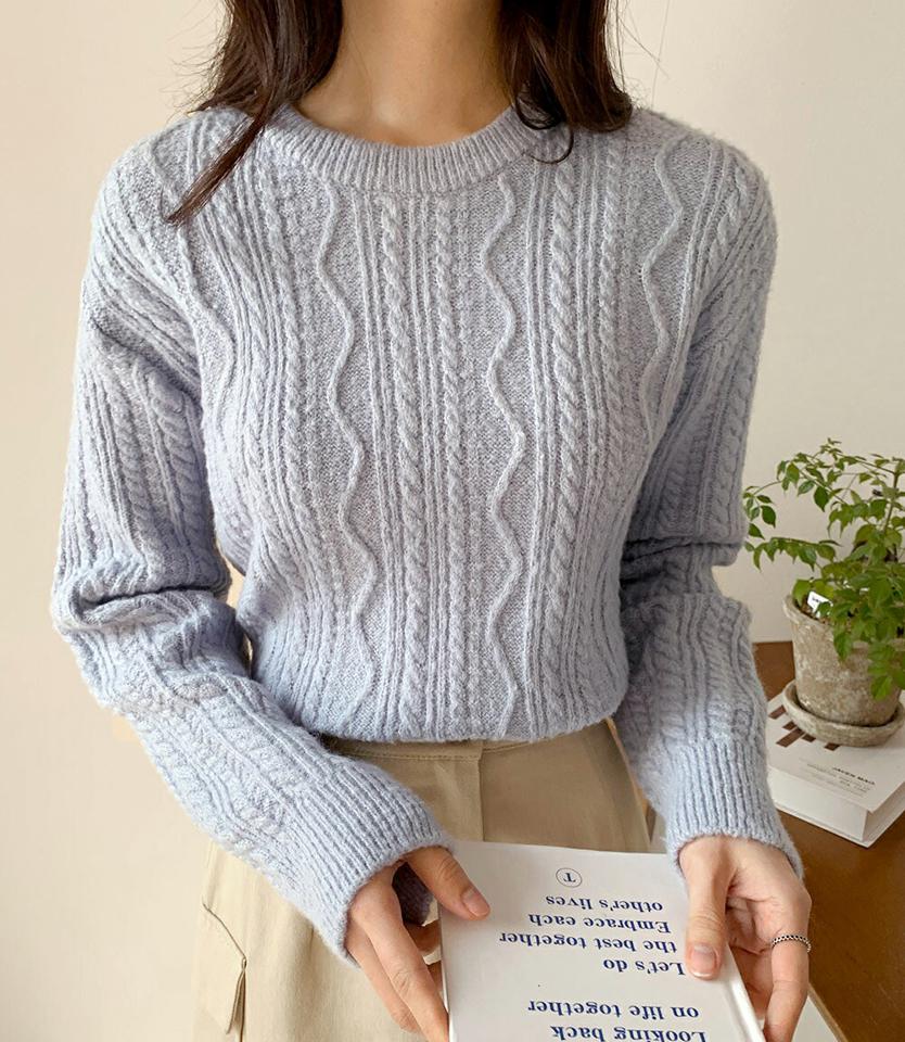 ラウンドケーブルニット・全5色・t01925 レディース 【tops】韓国ファッション トップス ニット 長袖 ラウンドネック ケーブル編み カラーニット パステル カラーアイテム くすみ クロップド丈 フェミニン シンプル デイリー 体型カバー 秋 冬 NIJU