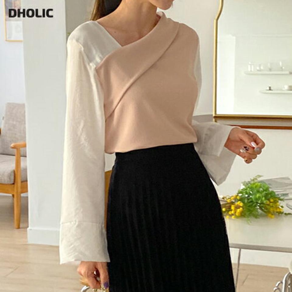 配色アンバランスネックTシャツ・全3色・t00133 レディース 【tops】韓国ファッション トップス Tシャツ 大人 長袖 アンバランスネック オフショル 配色 クロップド丈 スリット シンプル 体型カバー 細身 フェミニン カジュアル 秋 冬