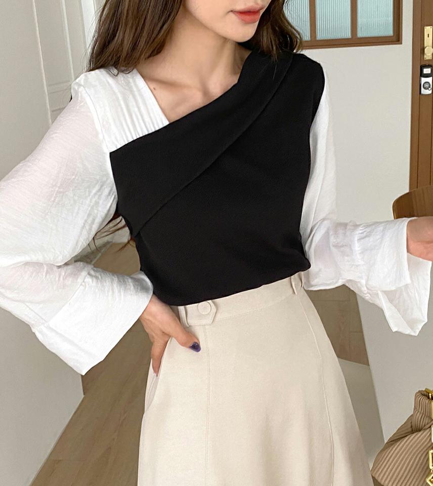 配色アンバランスネックTシャツ・全3色・t00133 レディース 【tops】韓国ファッション トップス Tシャツ 大人 長袖 アンバランスネック オフショル 配色 クロップド丈 スリット シンプル 体型カバー 細身 フェミニン カジュアル 秋 冬