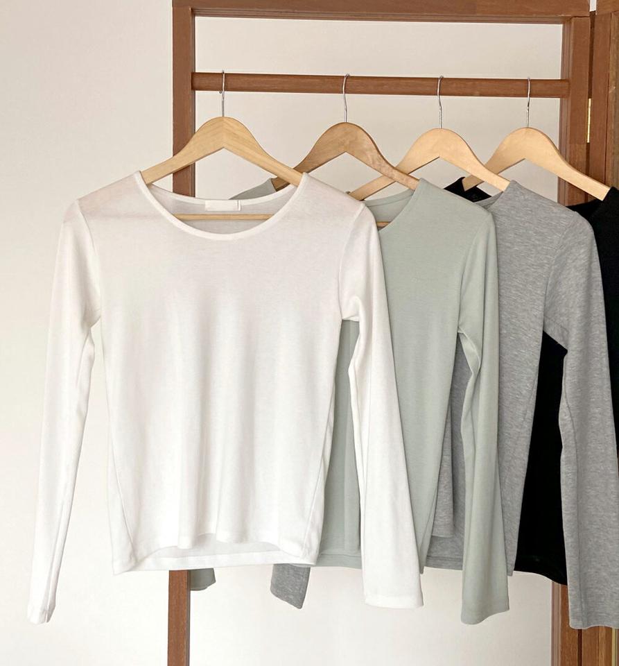 Uネック長袖Tシャツ・全4色・t01897 レディース 【tops】韓国ファッション トップス Tシャツ 長袖 Uネック レーヨン混 無地 ベーシック シンプル フェミニン 体型カバー カジュアル デイリー 秋 冬 NIJU
