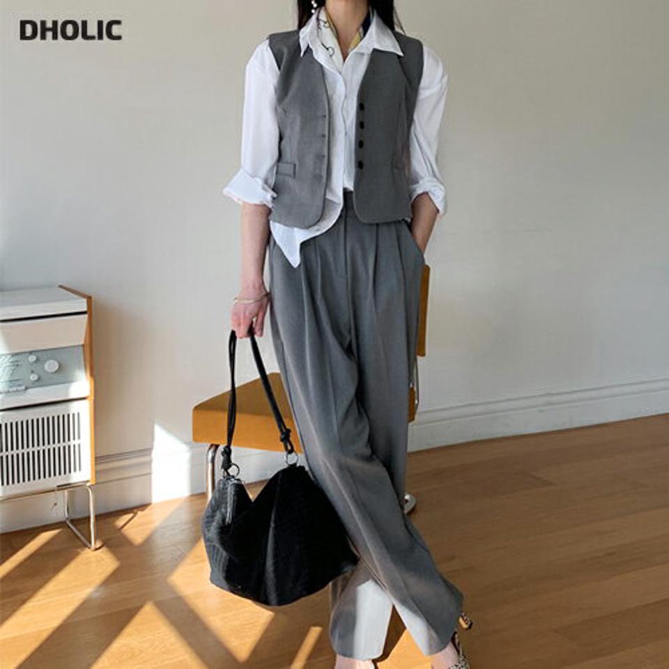 【送料無料】ストラップベスト&ワイドスラックスSET・全2色・t00128 レディース 【pt】セットアップ setup ベスト レイヤード トップス パンツ スラックス ズボン 単色 無地 シンプル 大人 オフィス 春 秋 冬 韓国ファッション ハイホリHIHOLLI