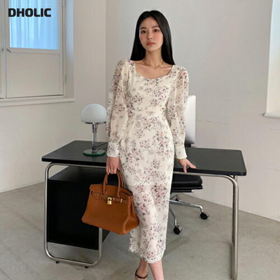 フラワースクエアワンピース・全3色・t00120 レディース 【ops】ワンピース ロング丈 ロングワンピース 長袖 花柄 フェミニン 透け感 かわいい 大人 デコルテ 鎖骨 Iライン 春 秋 冬 韓国ファッション ハイホリHIHOLLI