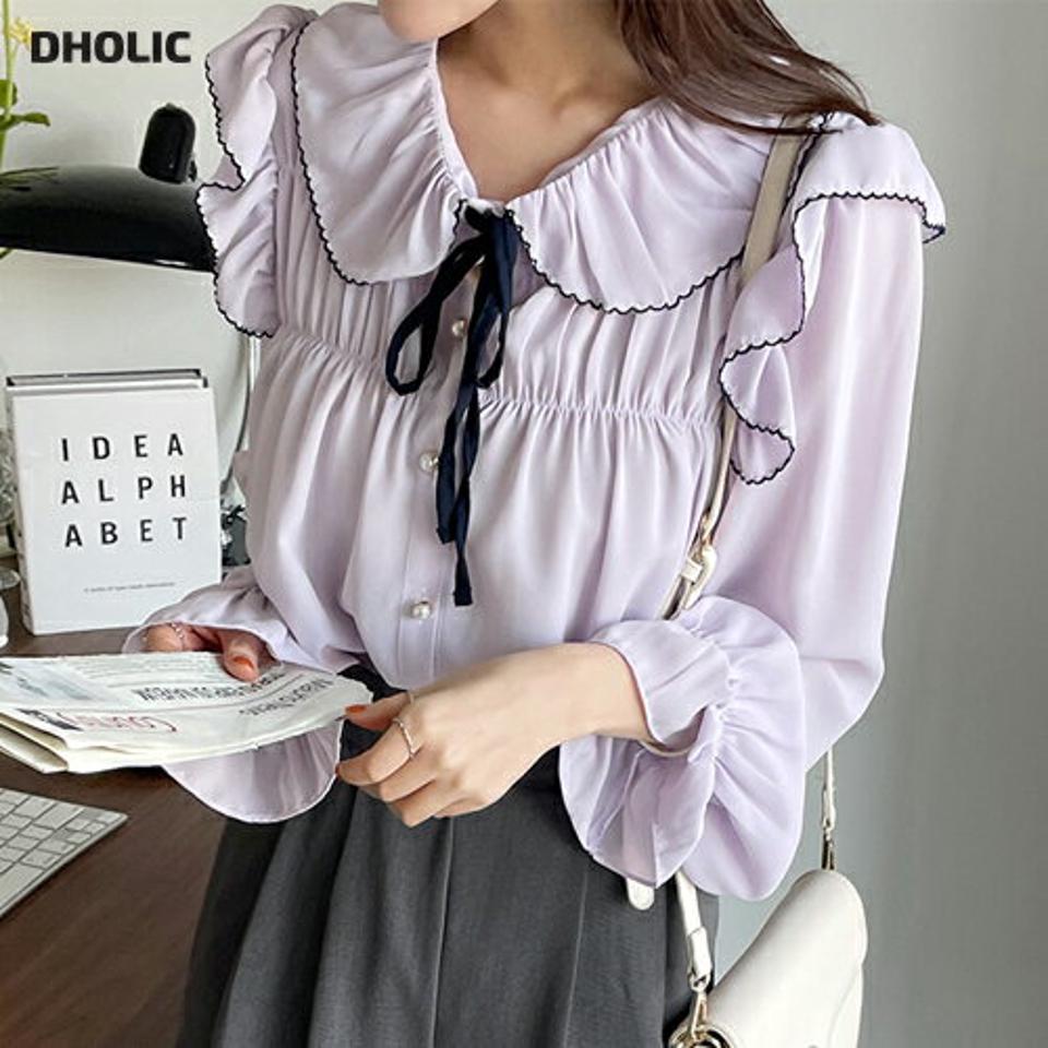 配色リボンフリルシフォンブラウス・全2色・t66323 レディース 【bl】韓国ファッション トップス ブラウス 長袖 カラーネック 襟コンシャス 配色 リボン フリル シフォン ボタン シンプル カジュアル フェミニン 体型カバー ガーリー 春 秋 冬