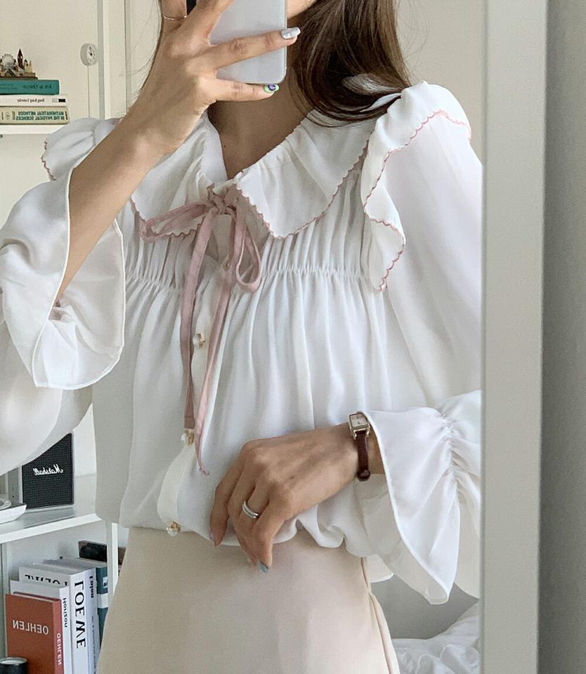配色リボンフリルシフォンブラウス・全2色・t66323 レディース 【bl】韓国ファッション トップス ブラウス 長袖 カラーネック 襟コンシャス 配色 リボン フリル シフォン ボタン シンプル カジュアル フェミニン 体型カバー ガーリー 春 秋 冬
