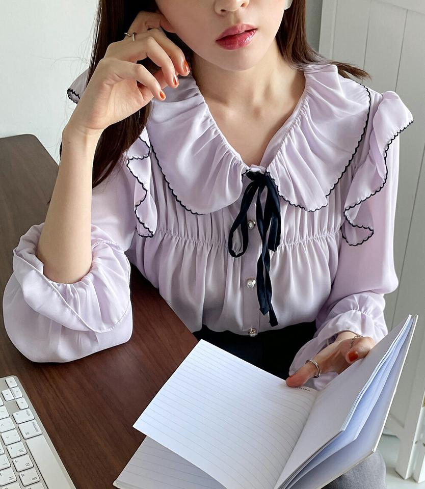 配色リボンフリルシフォンブラウス・全2色・t66323 レディース 【bl】韓国ファッション トップス ブラウス 長袖 カラーネック 襟コンシャス 配色 リボン フリル シフォン ボタン シンプル カジュアル フェミニン 体型カバー ガーリー 春 秋 冬