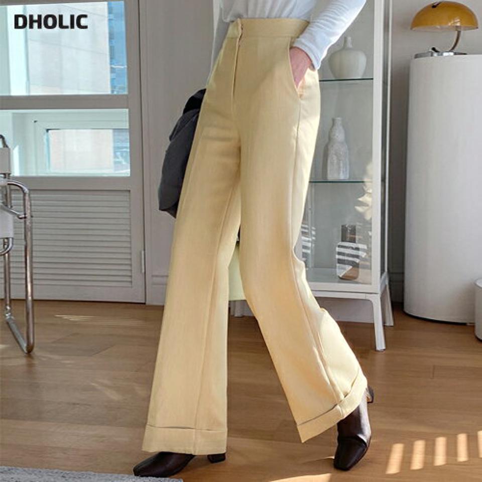 ロールアップワイドスラックス・全2色・t00103 レディース 【pt】スラックス パンツ ズボン ロングパンツ 単色 無地 シンプル ベーシック ワイド 大人 きれいめ 黄色 春 秋 冬 韓国ファッション ハイホリHIHOLLI