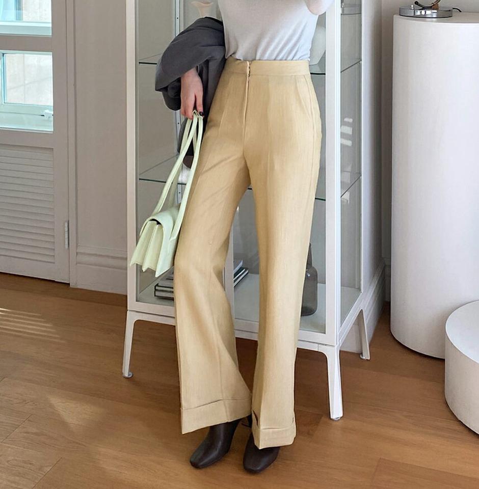 ロールアップワイドスラックス・全2色・t00103 レディース 【pt】スラックス パンツ ズボン ロングパンツ 単色 無地 シンプル ベーシック ワイド 大人 きれいめ 黄色 春 秋 冬 韓国ファッション ハイホリHIHOLLI