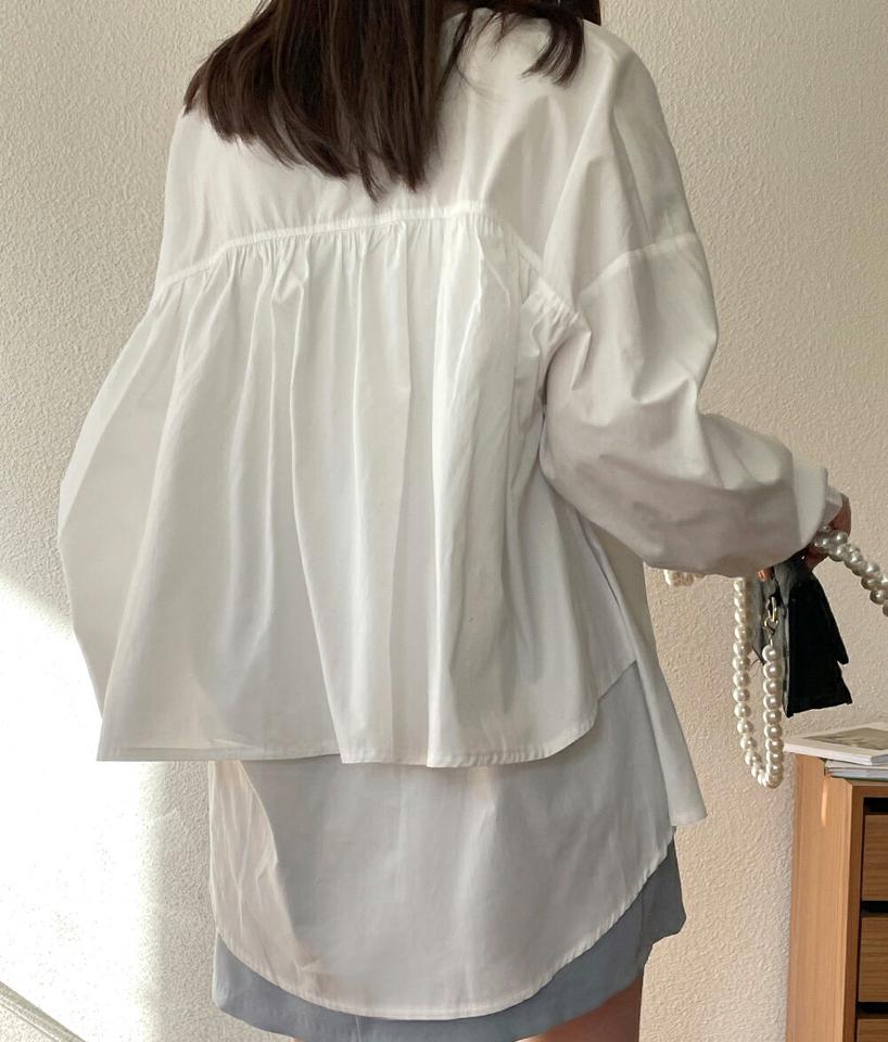 バックラッフルラウンドブラウス・全2色・t66309 レディース 【bl】韓国ファッション トップス ブラウス 長袖 ラウンドネック バックラッフル ギャザー アンバランス丈 無地 シンプル 大人 体型カバー カジュアル フェミニン 春 秋 冬