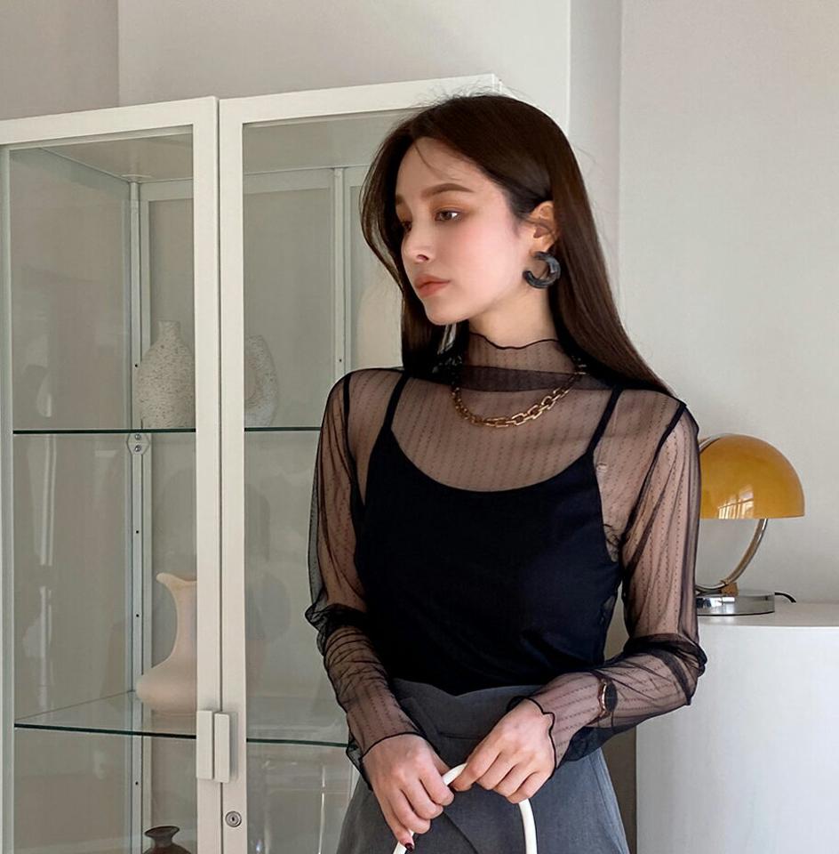 メロウラインシースルーレースブラウス・全3色・00085 レディース 【bl】トップス ブラウス 長袖 シースルー シアー 透け感 大人 フェミニン スカラップ レース 総レース 春 秋 韓国ファッション ハイホリHIHOLLI